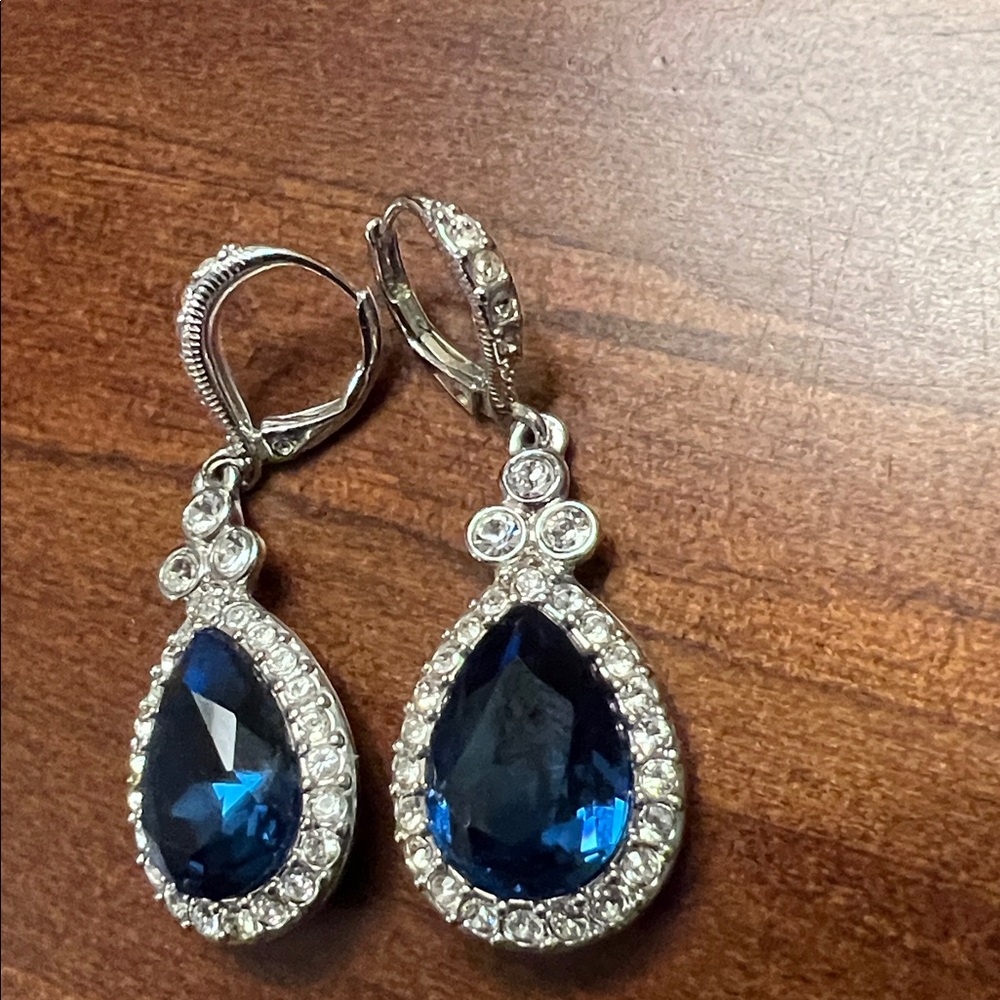 Givenchy Silver, Blue Stone & Crystal Tear Drop Earrings